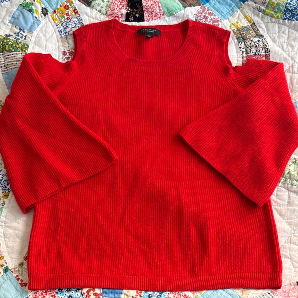 Ann Taylor Bright Red Ribbed Cold-Shoulder Sweater